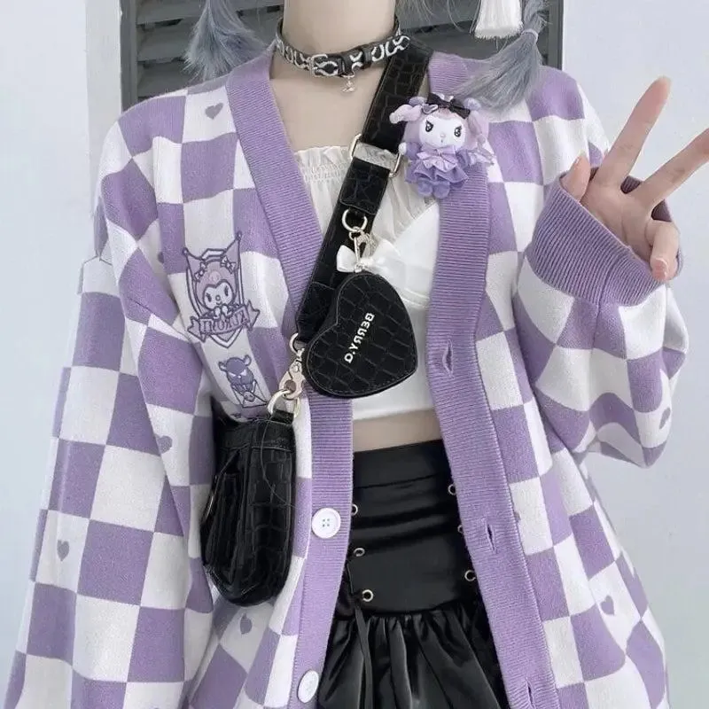 Kawaii Kuromi Cardigan Jacket in Purple with Checked Hearts