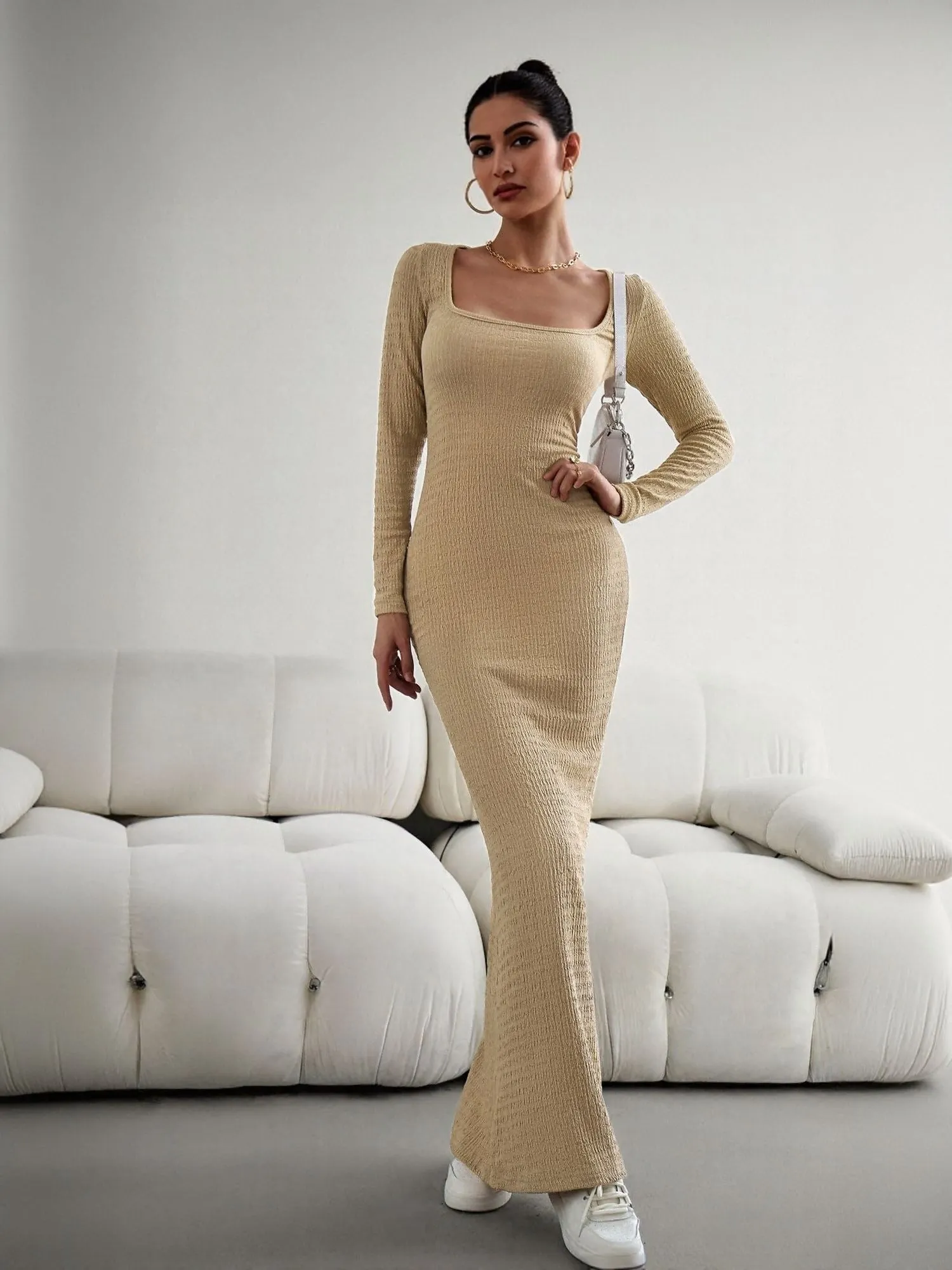 Khaki Square Neck Textured Maxi Dress