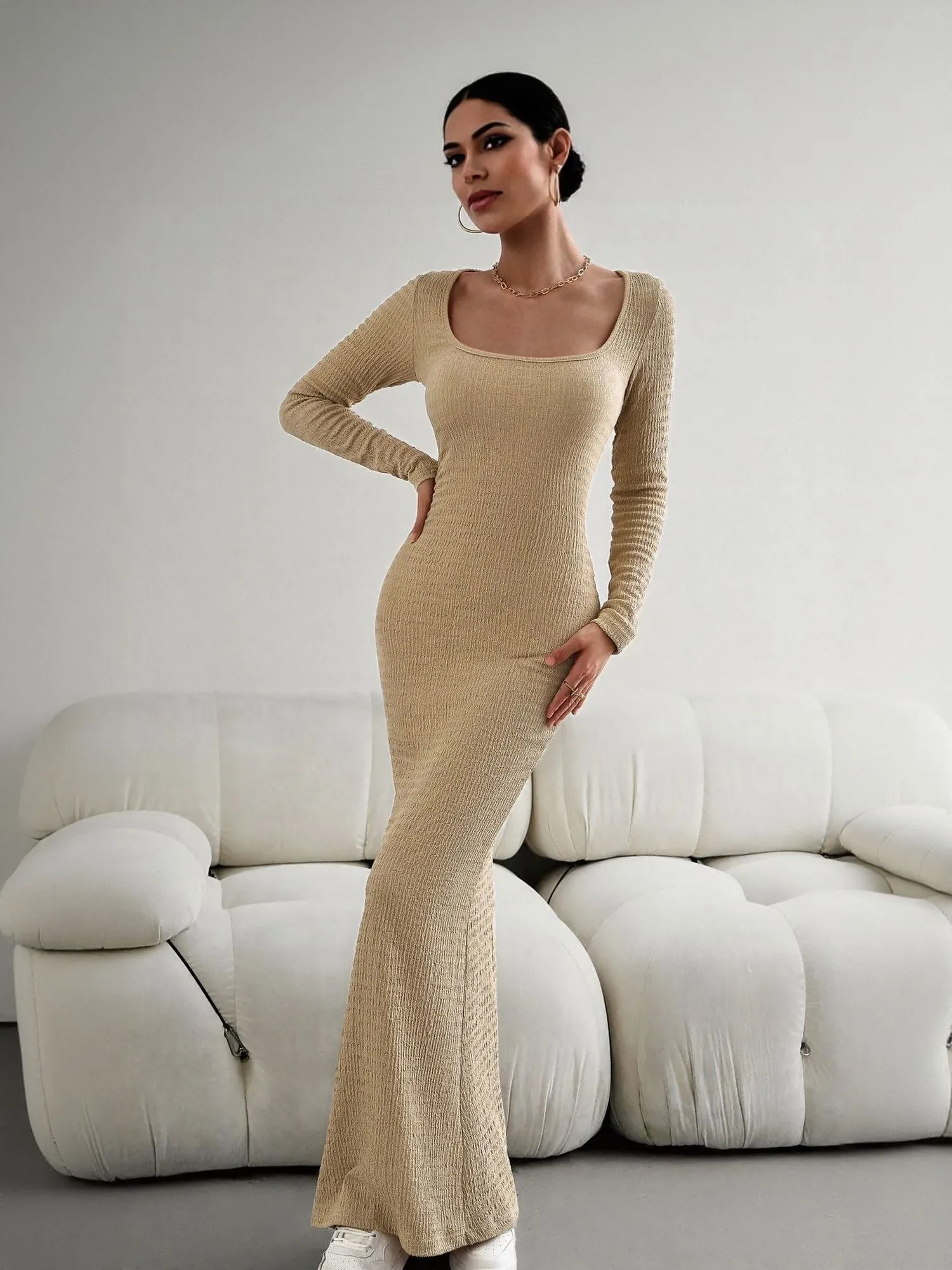 Khaki Square Neck Textured Maxi Dress