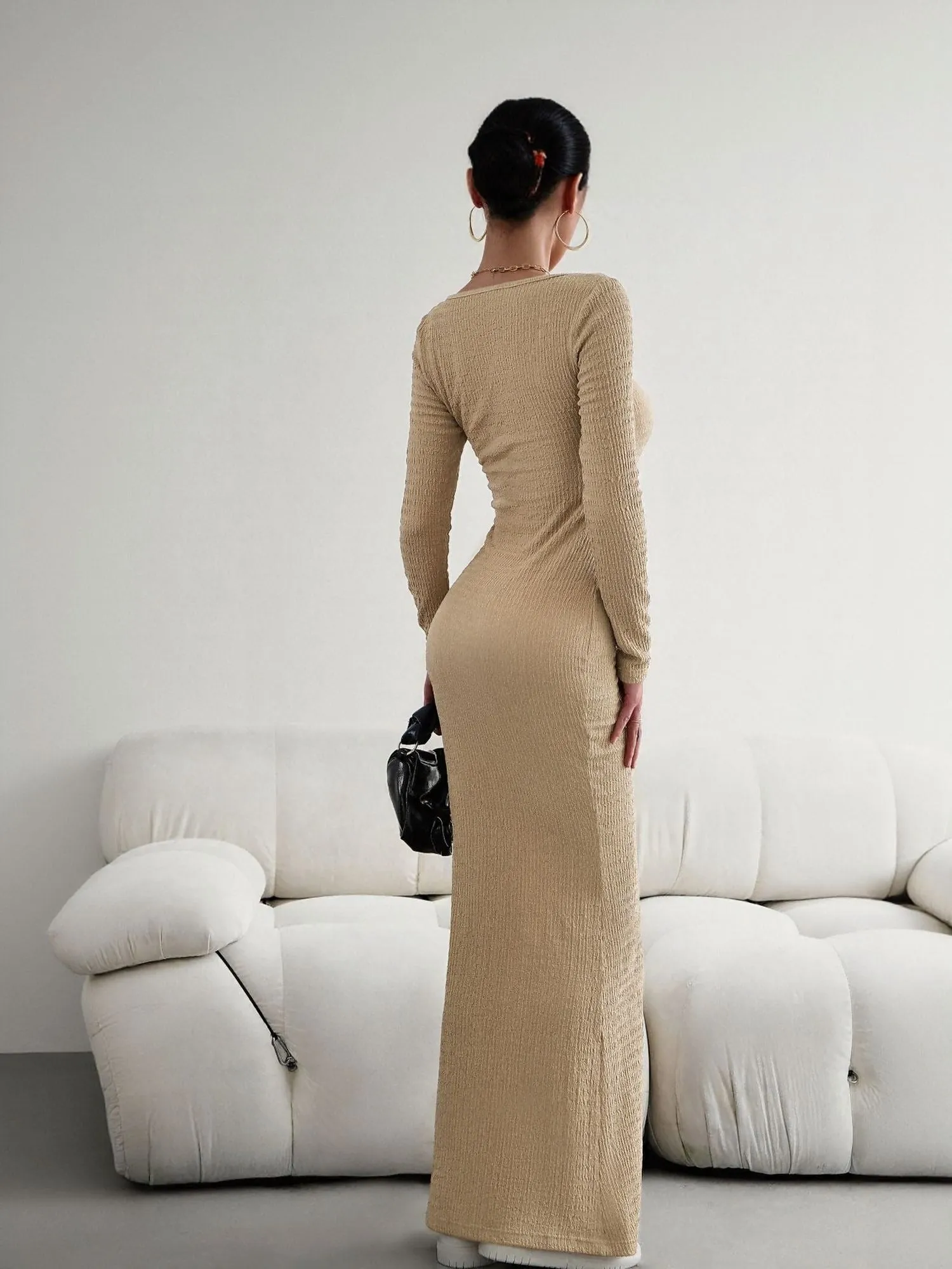 Khaki Square Neck Textured Maxi Dress