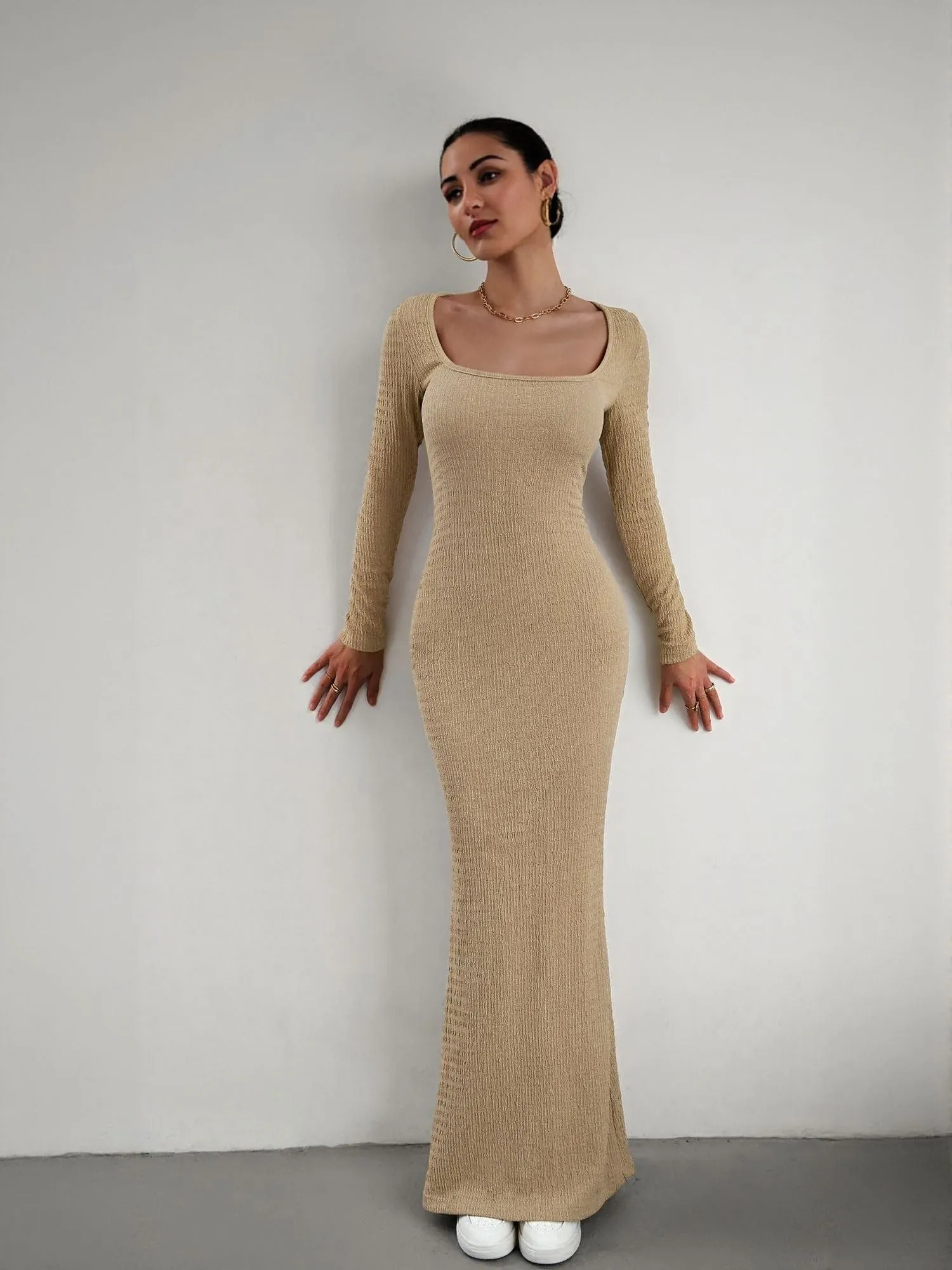 Khaki Square Neck Textured Maxi Dress
