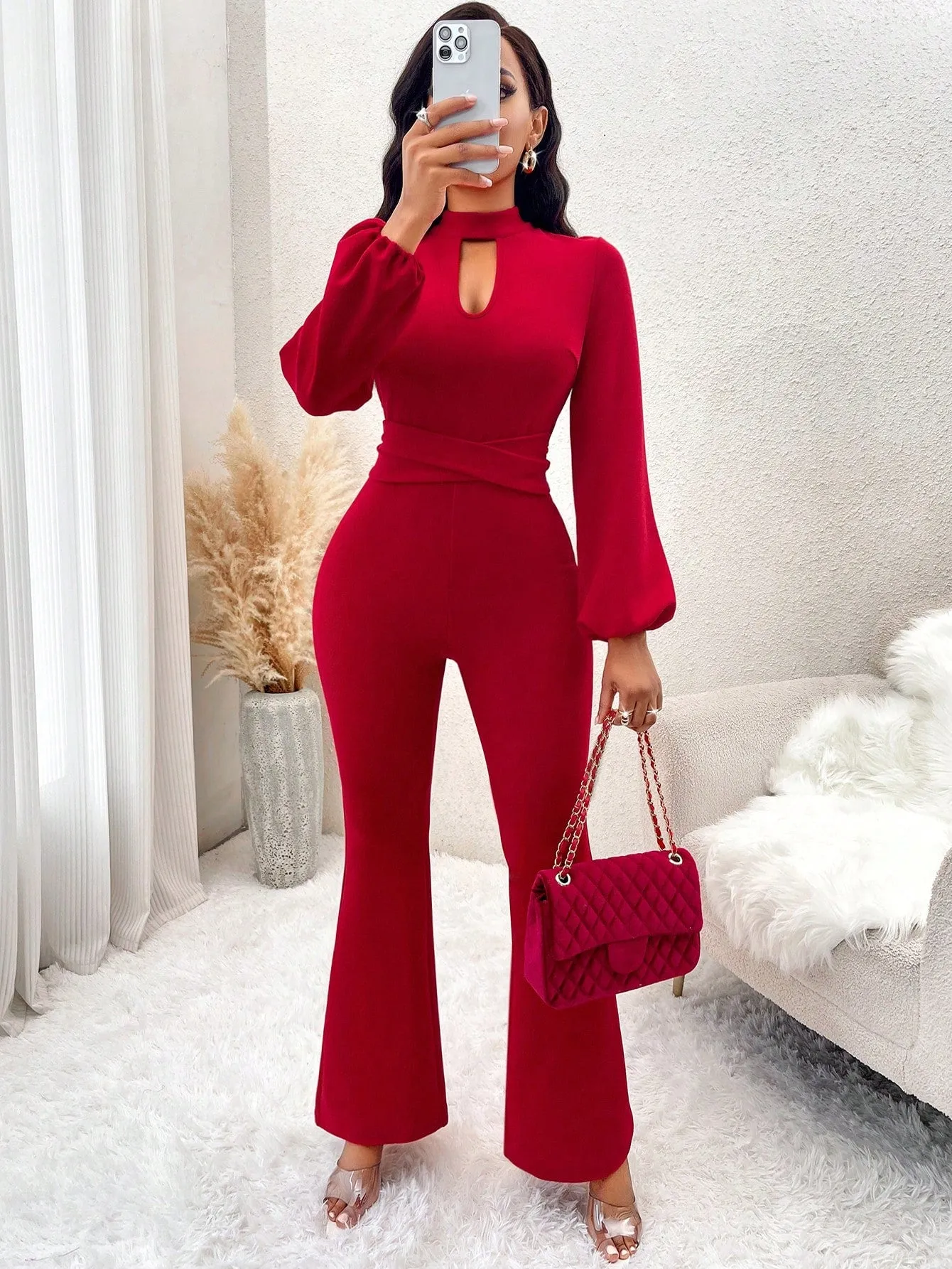 Lady Keyhole Neckline Lantern Sleeve Flare Leg Jumpsuit
