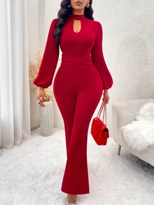 Lady Keyhole Neckline Lantern Sleeve Flare Leg Jumpsuit