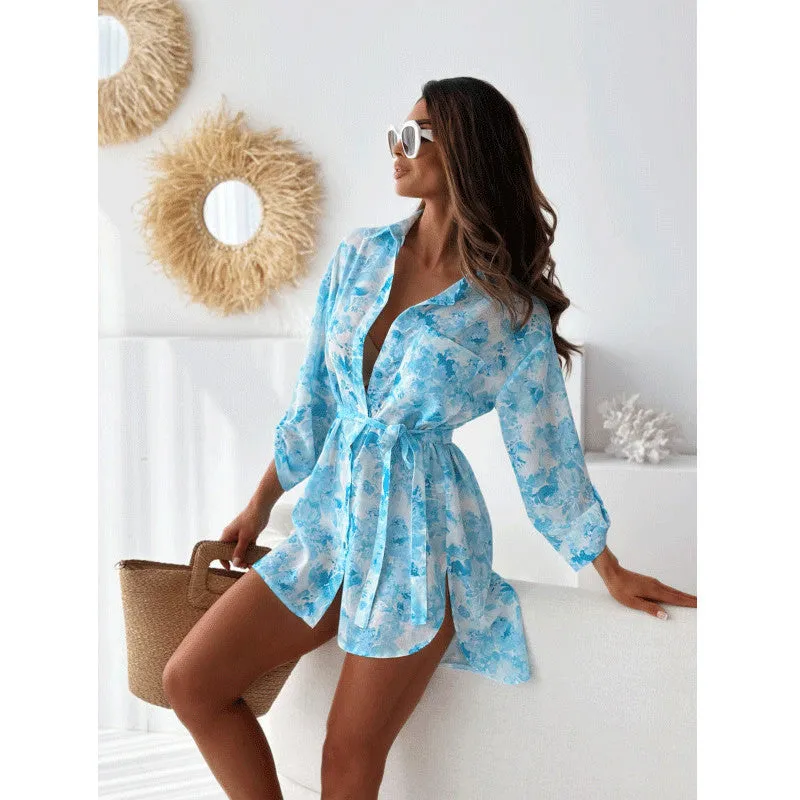 Light Blue Floral Pocket Shirt Dress