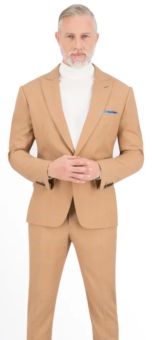 Light Marigold Brown with Blue Plaid Check Regular Suit