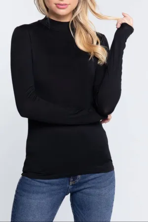 Long Sleeve Mock Neck Fitted Rayon Jersey Top