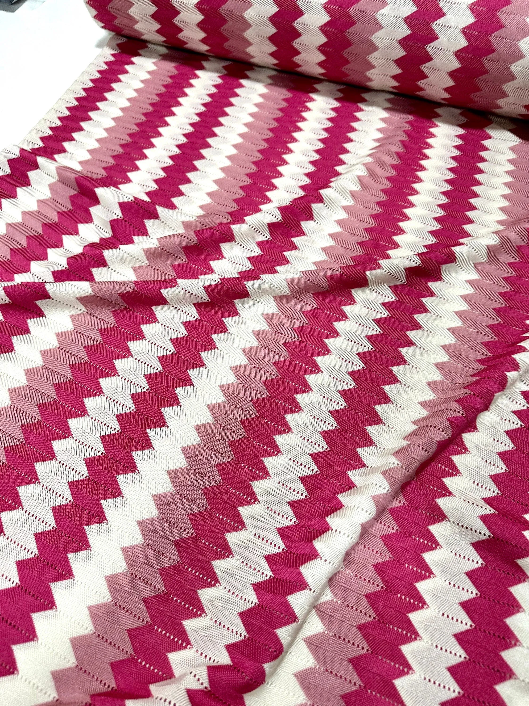 Luxury Zigzag Knit Jersey Fabric - Pink  White Chevron Design