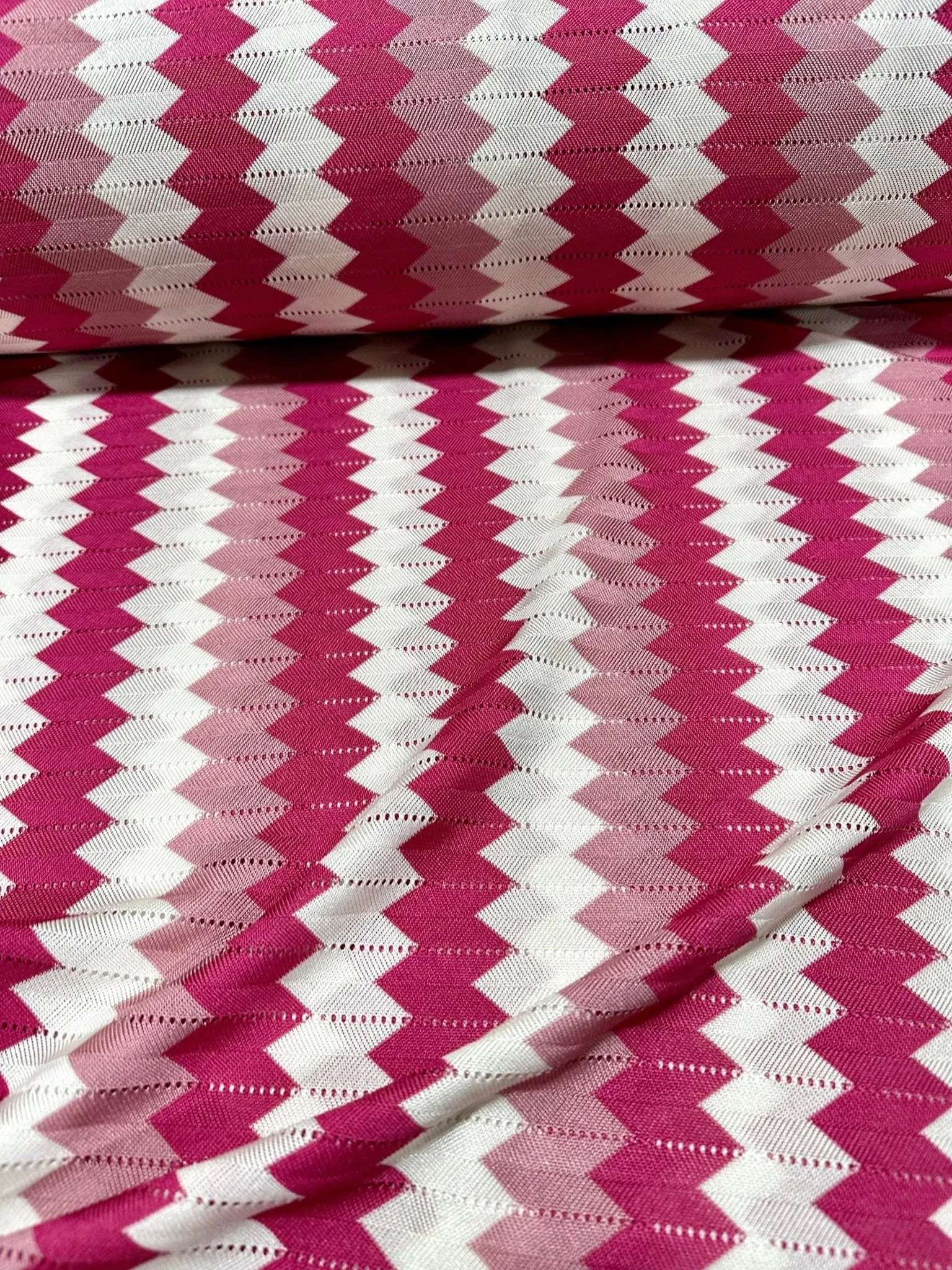 Luxury Zigzag Knit Jersey Fabric - Pink  White Chevron Design