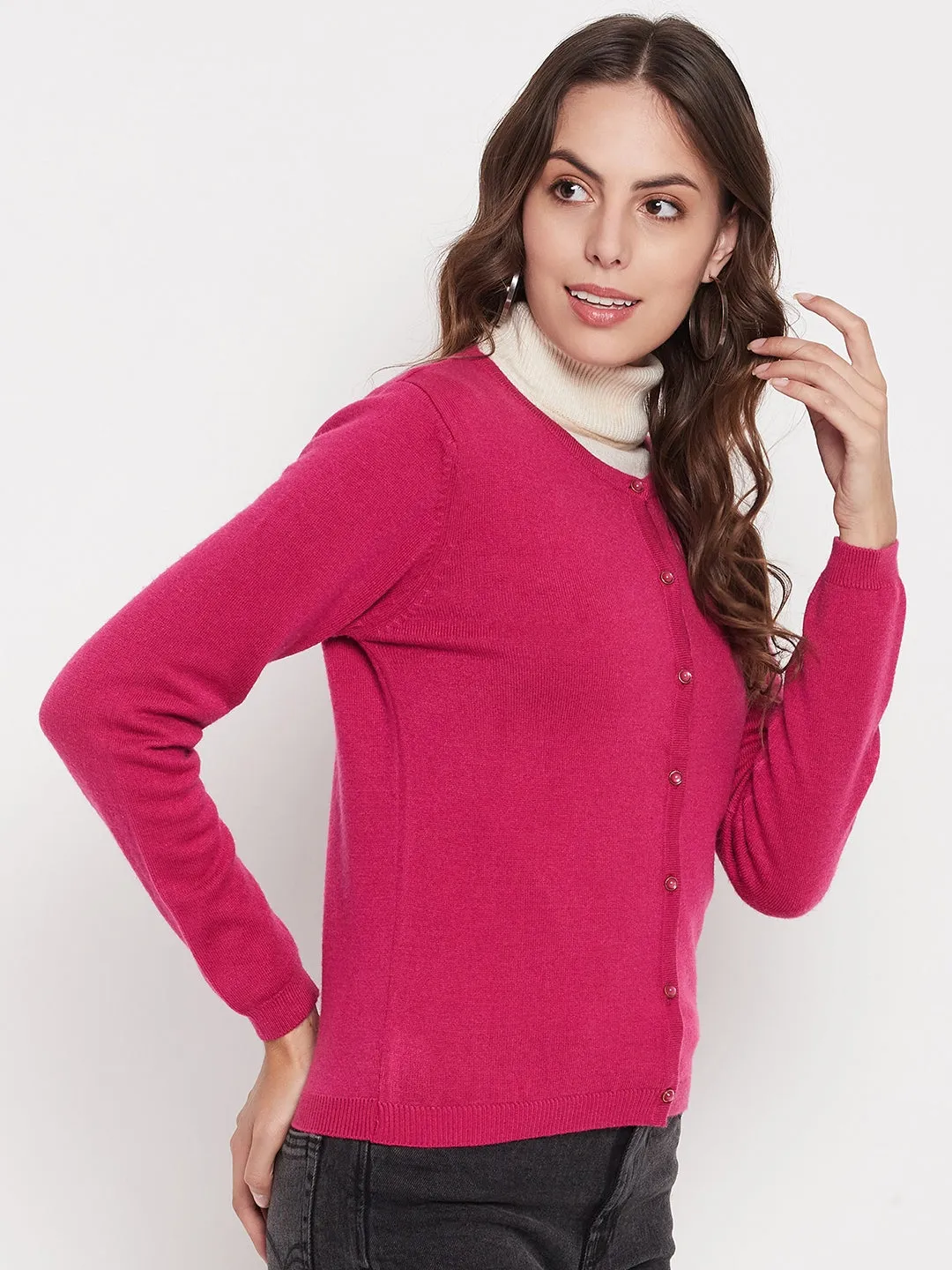 Madame Women Solid Fuschia Cardigans