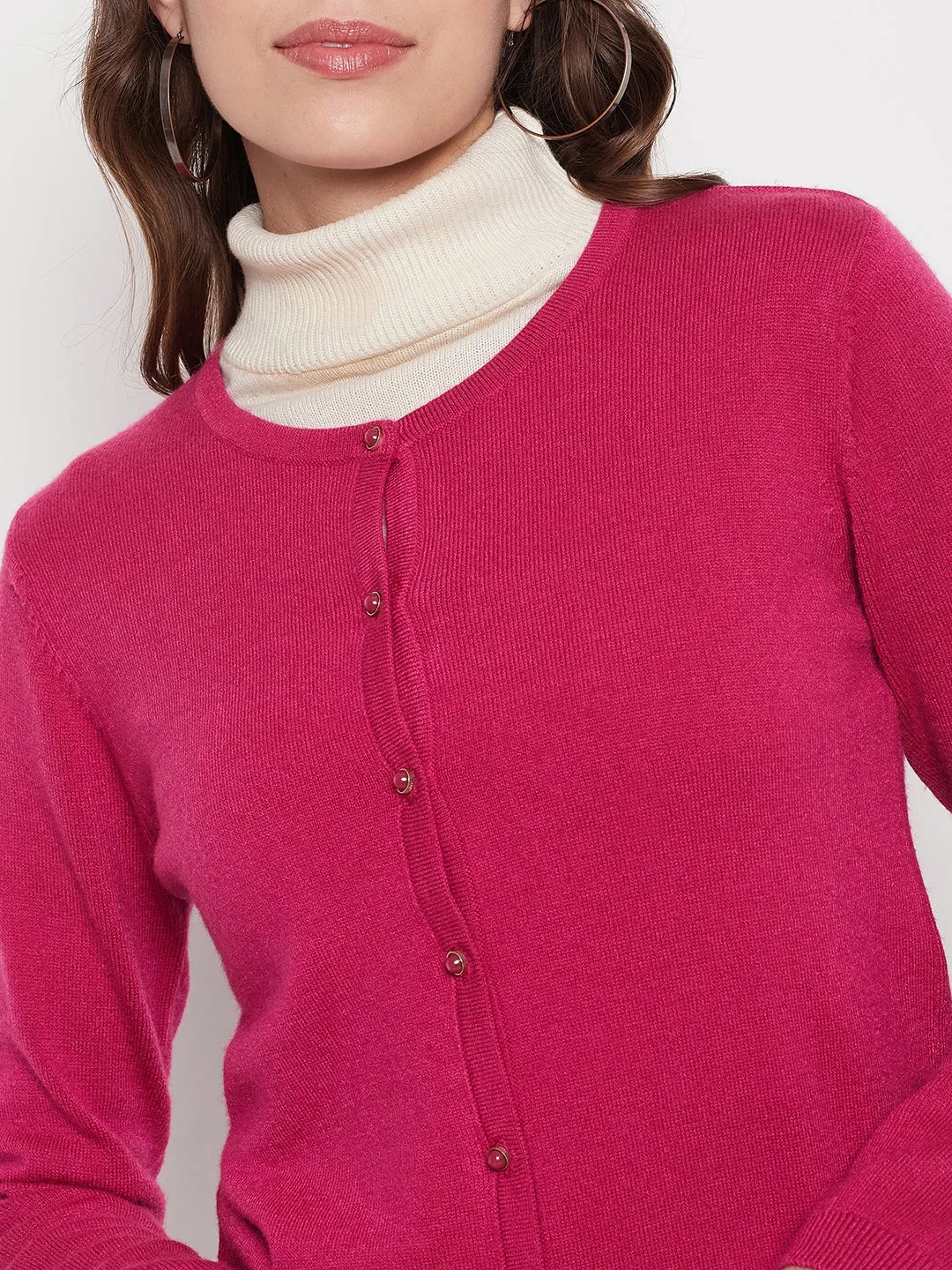 Madame Women Solid Fuschia Cardigans