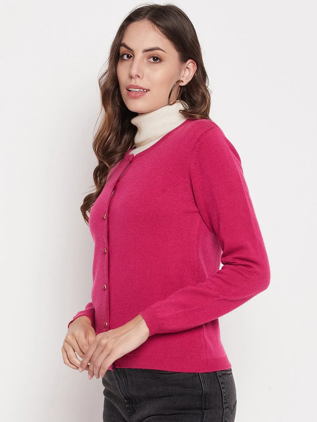 Madame Women Solid Fuschia Cardigans