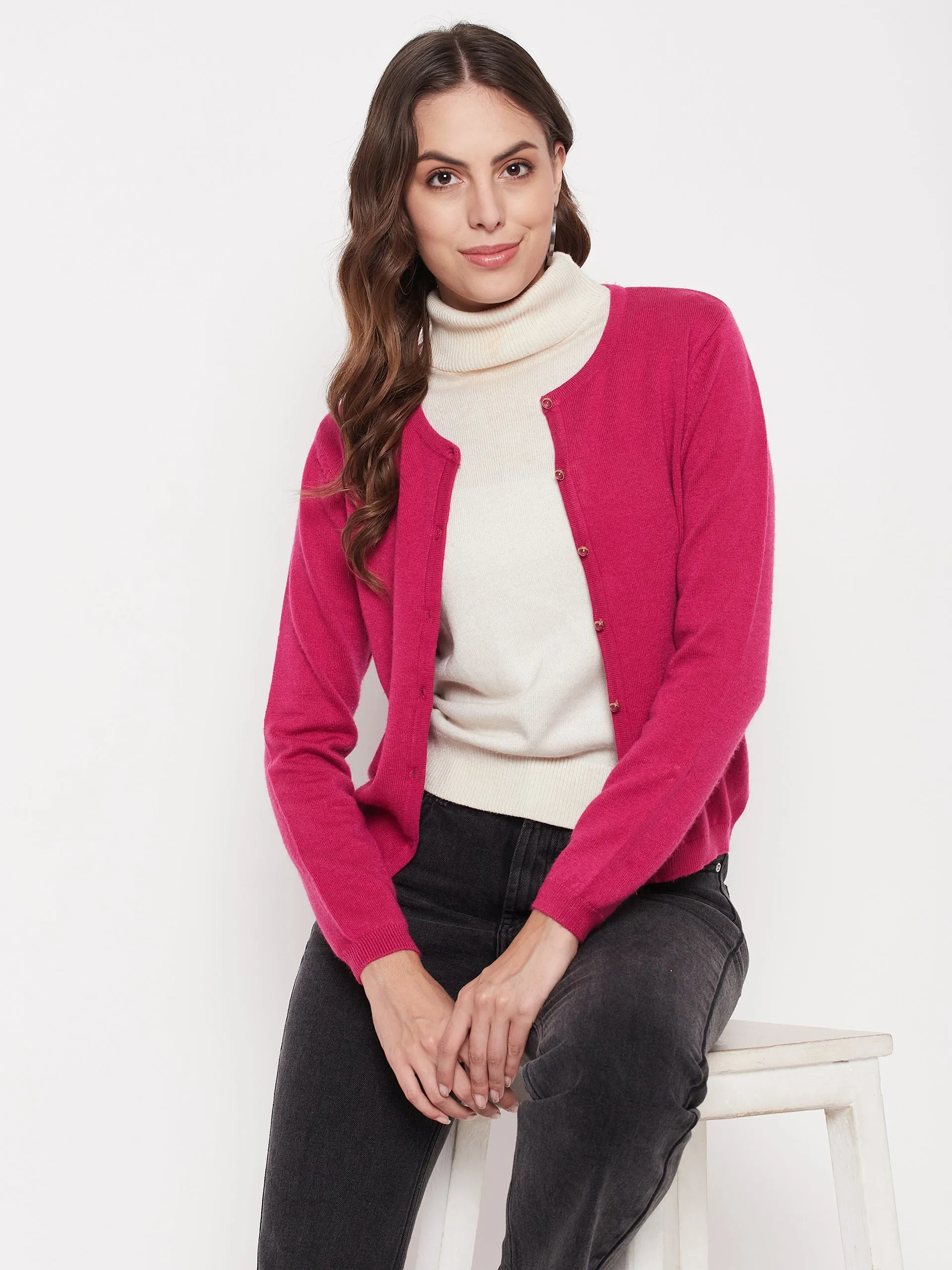 Madame Women Solid Fuschia Cardigans