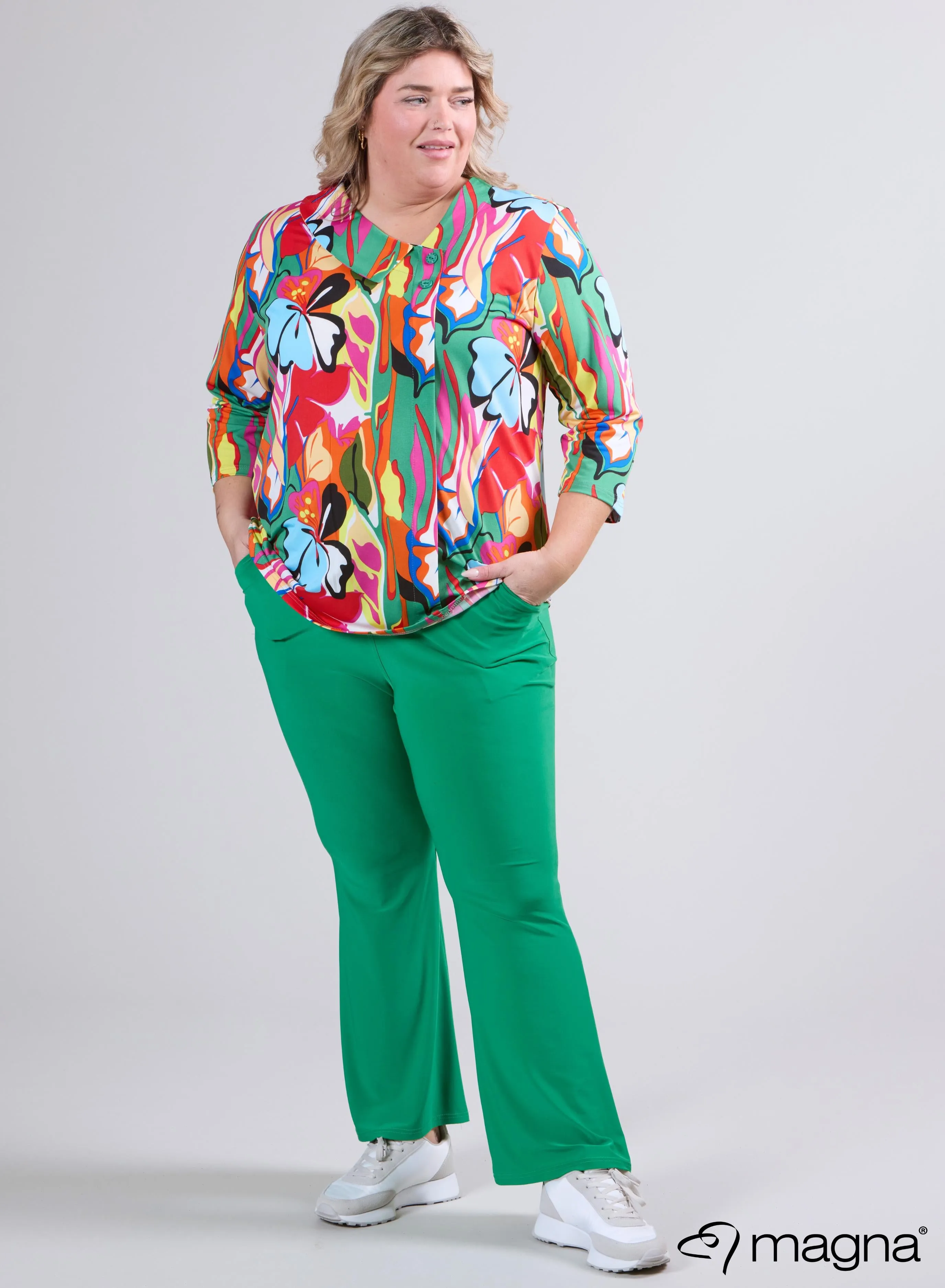 Magna Comfy Button Flap Tunic Butterfly Garden Green