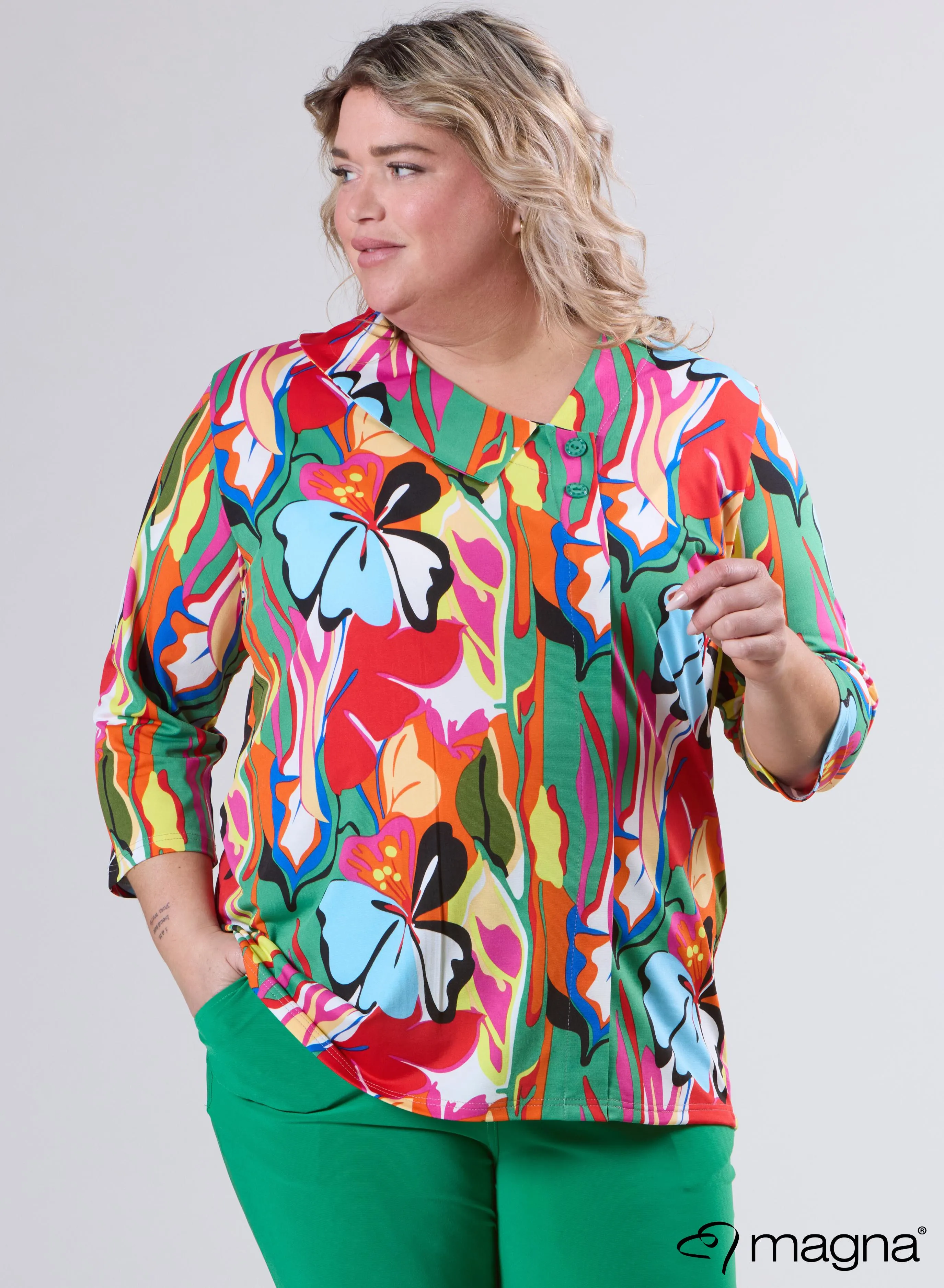 Magna Comfy Button Flap Tunic Butterfly Garden Green