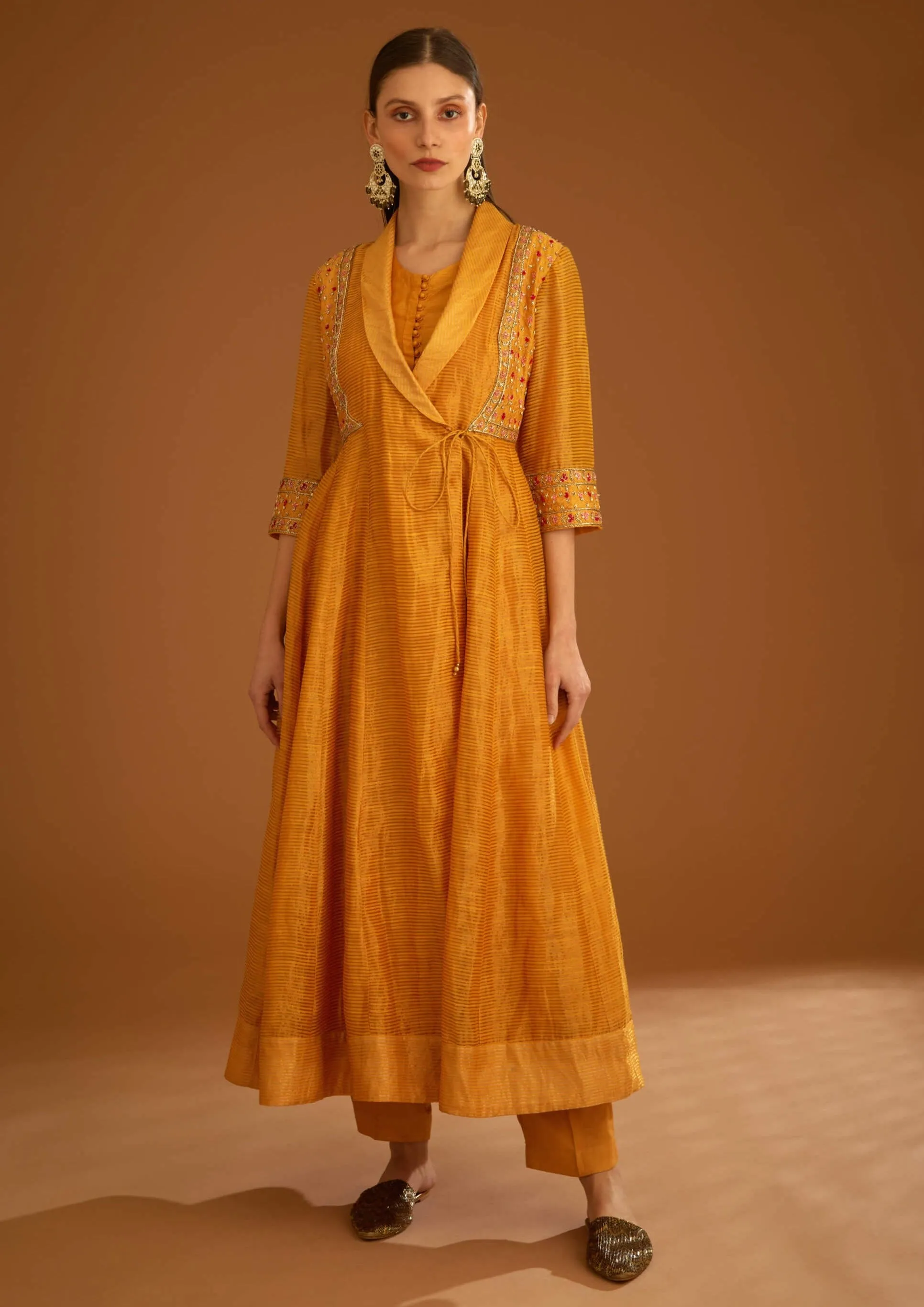 Mango yellow chanderi angrakha set