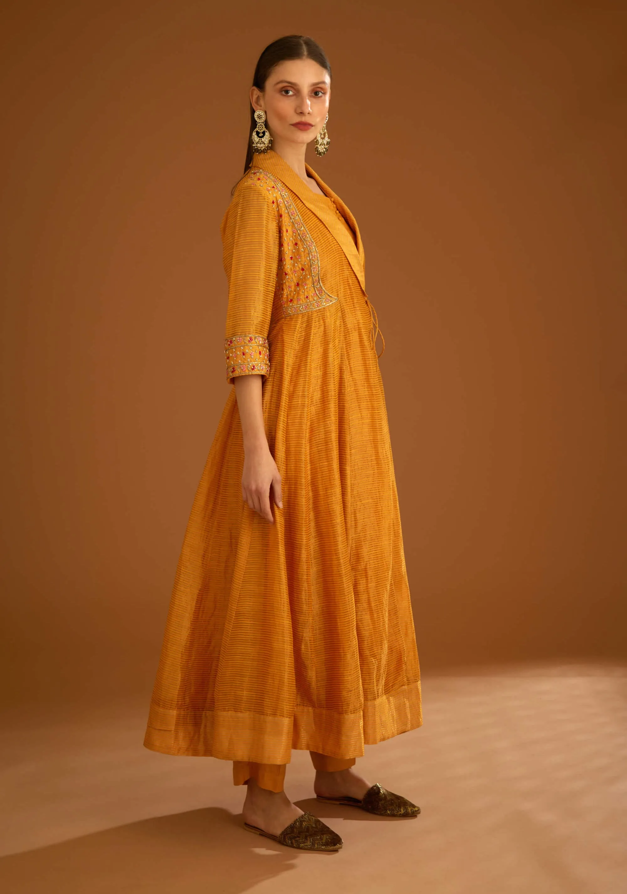 Mango yellow chanderi angrakha set