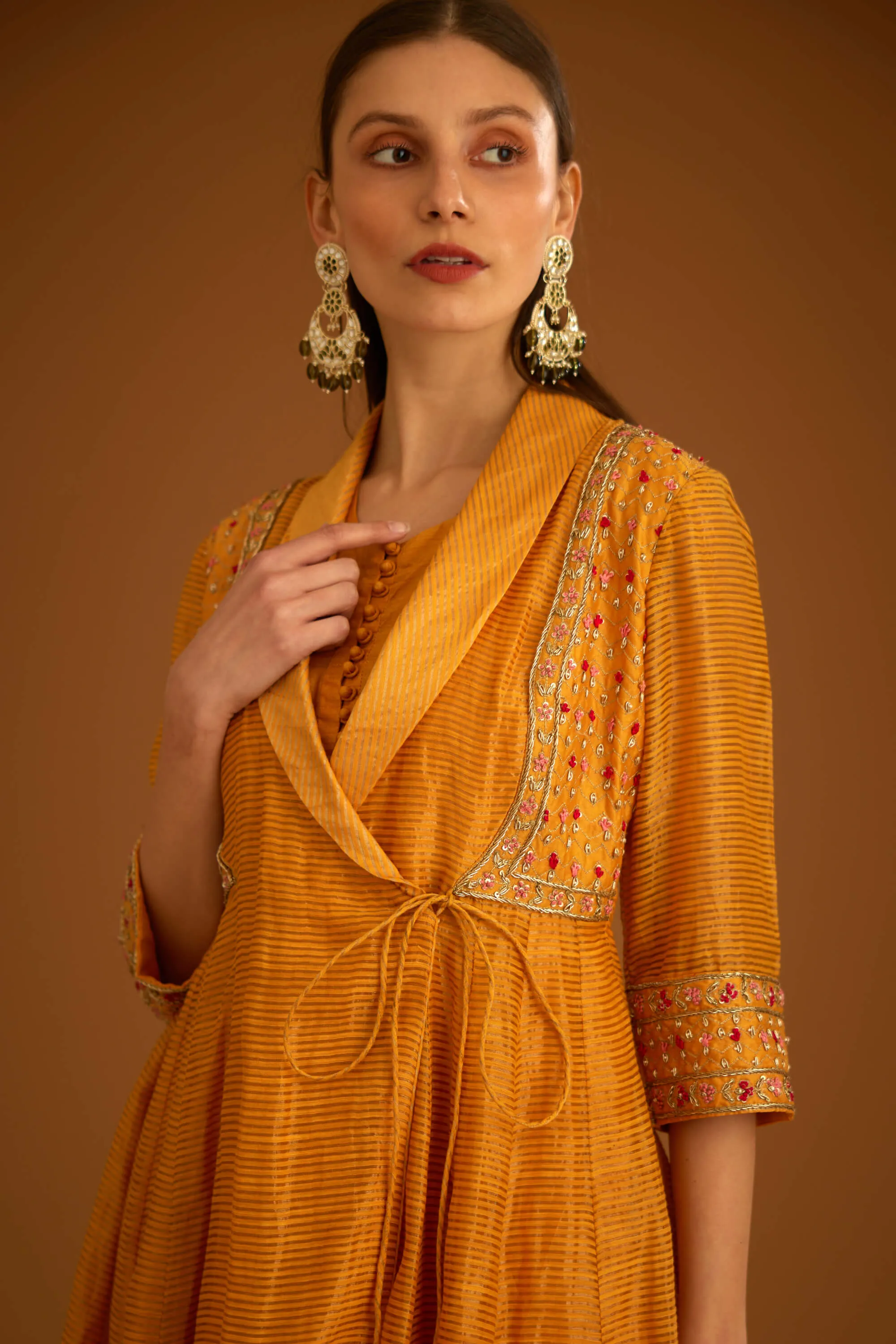 Mango yellow chanderi angrakha set