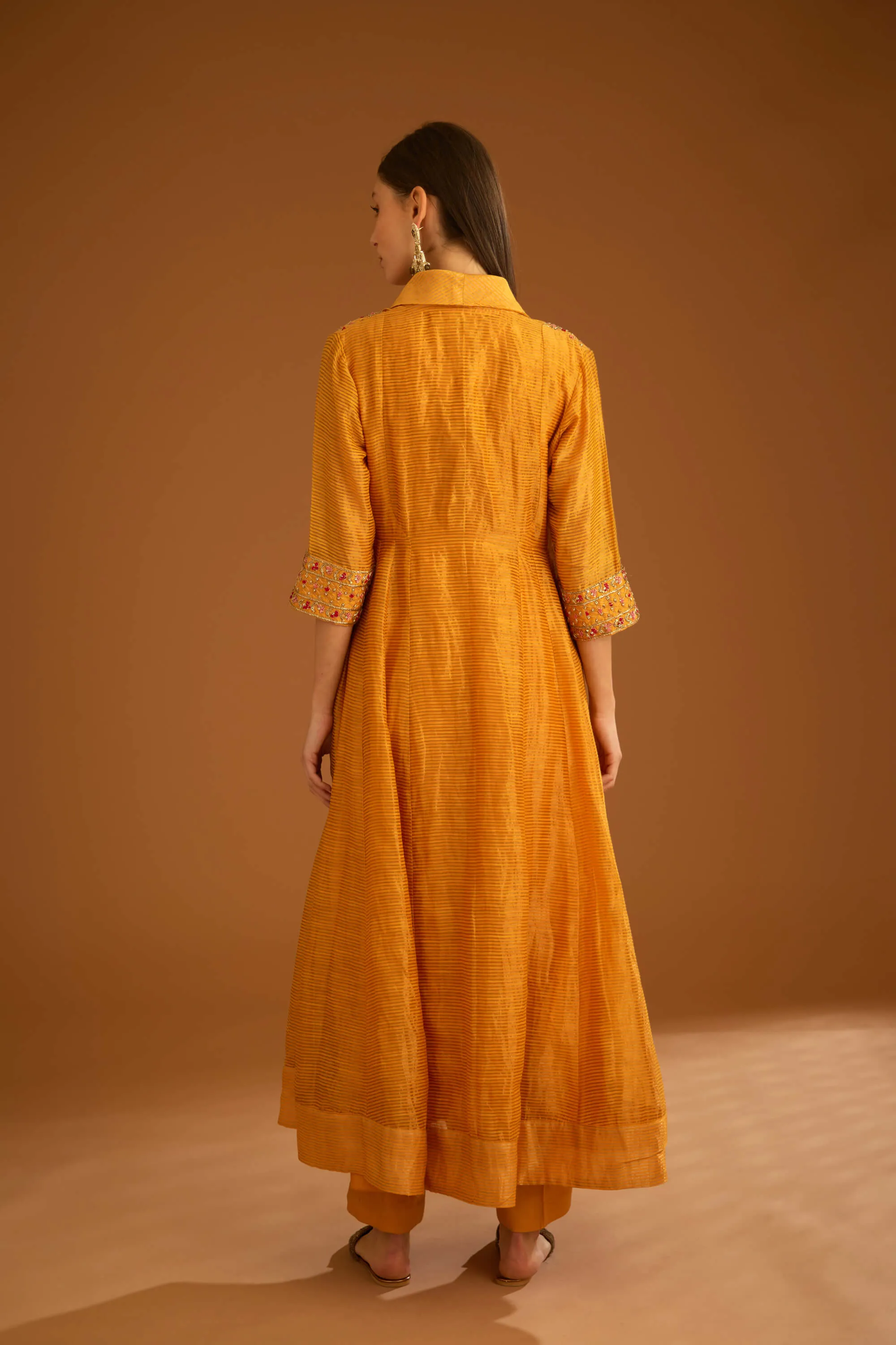 Mango yellow chanderi angrakha set