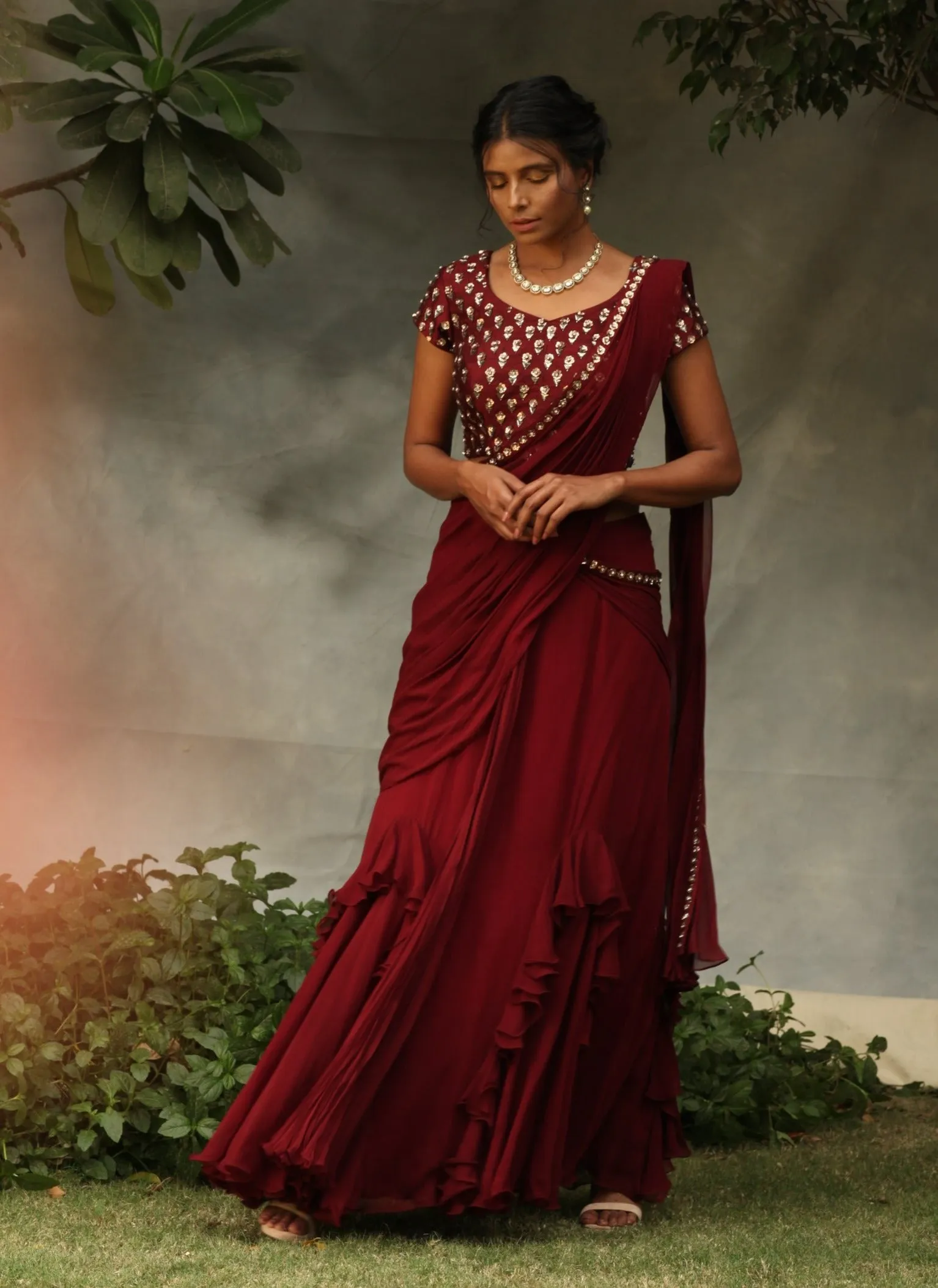 Maroon Draped Emebllished Saree Set