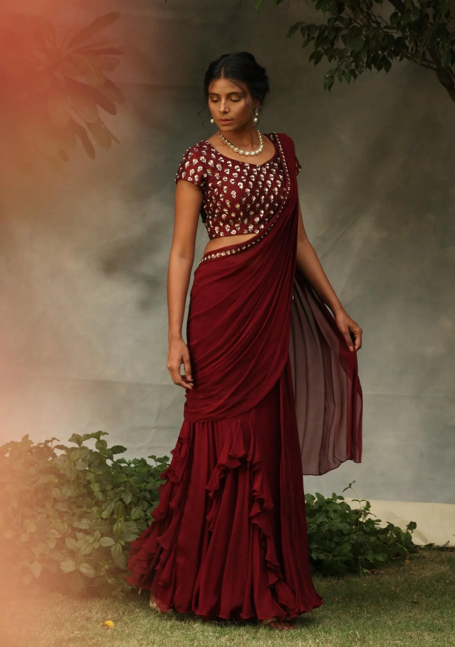 Maroon Draped Emebllished Saree Set