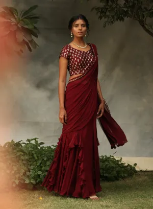 Maroon Draped Emebllished Saree Set