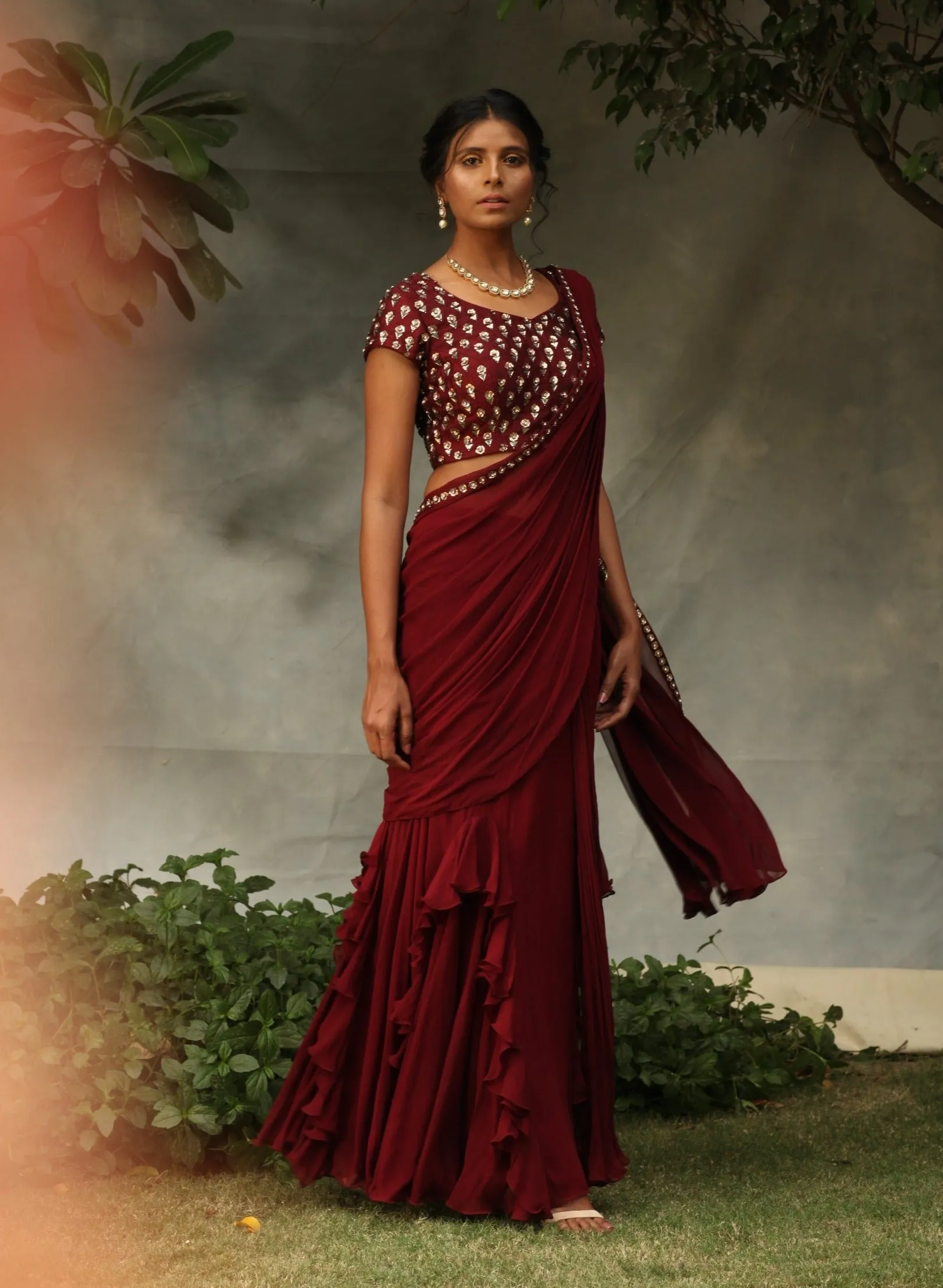 Maroon Draped Emebllished Saree Set