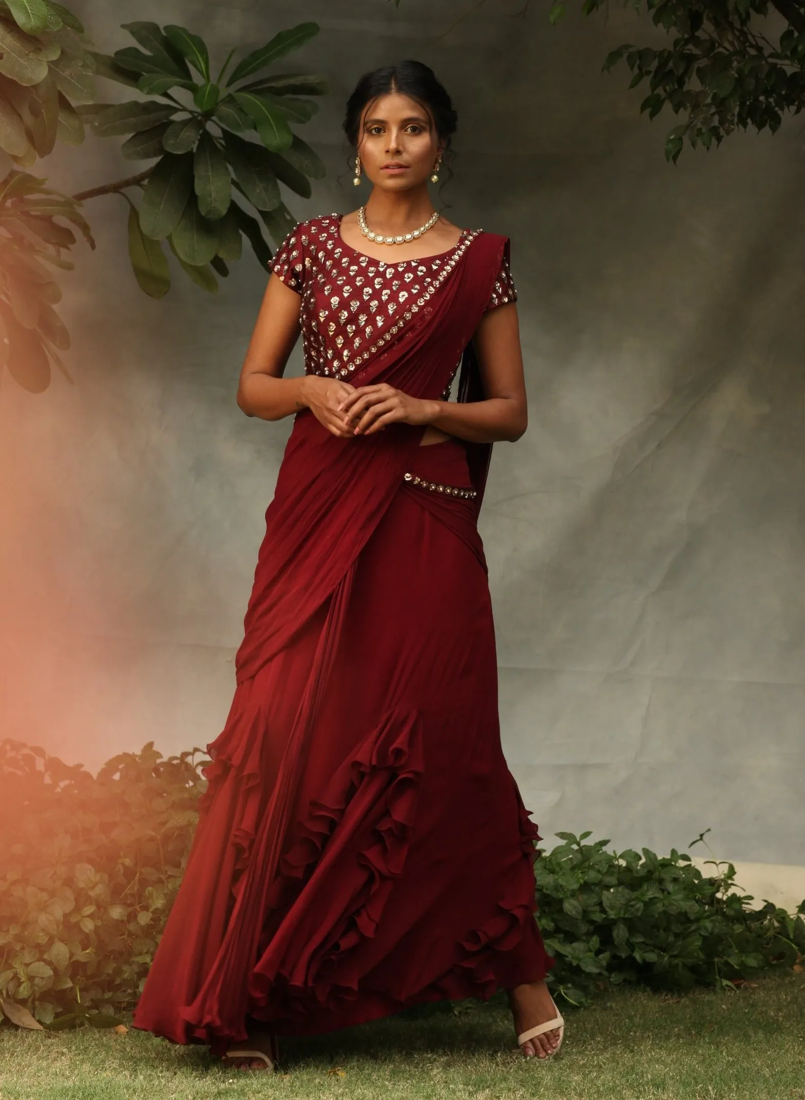 Maroon Draped Emebllished Saree Set