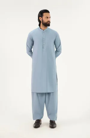Men's Band Collar Shalwar Suit - Light Blue