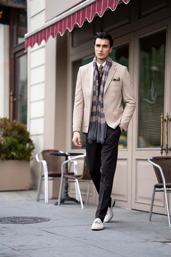 Men's Beige Slim Fit Mono Collar Blazers