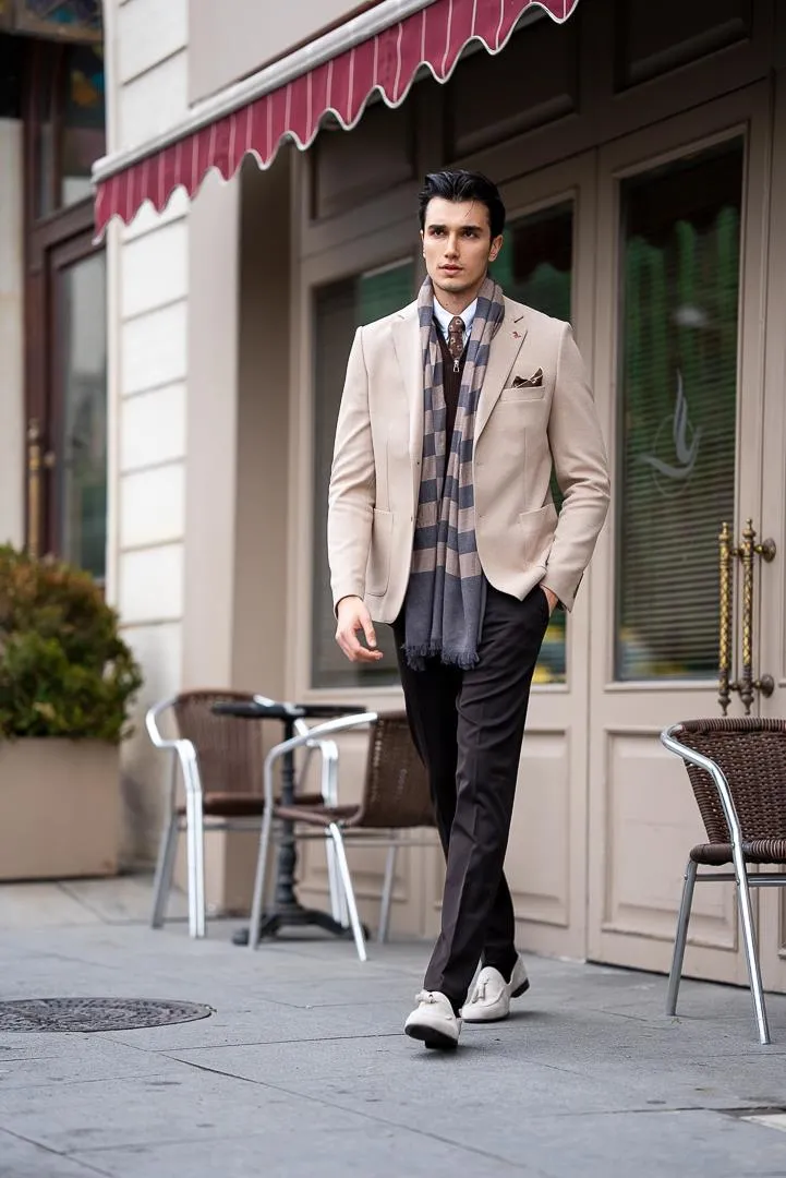 Men's Beige Slim Fit Mono Collar Blazers
