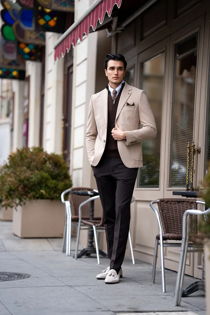Men's Beige Slim Fit Mono Collar Blazers