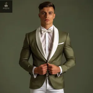 Men's Olive Green Tuxedo Suit – Green & White Bespoke Wedding Attire, Custom Tailored Suits