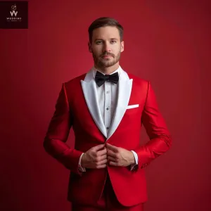 Men's Stylish Red Tuxedo Suit – Red & White Bespoke Wedding Attire, Custom Tailored Suits
