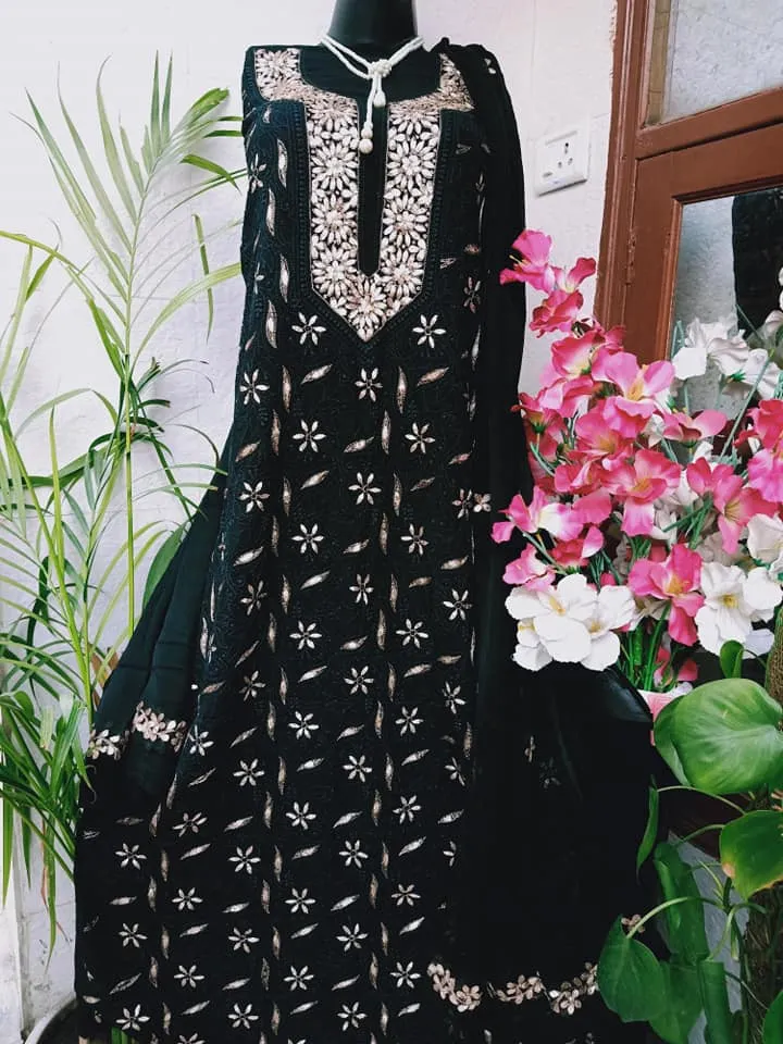 Midnight Black Chinkari Georgette Salwar Kameez Set Unstitched