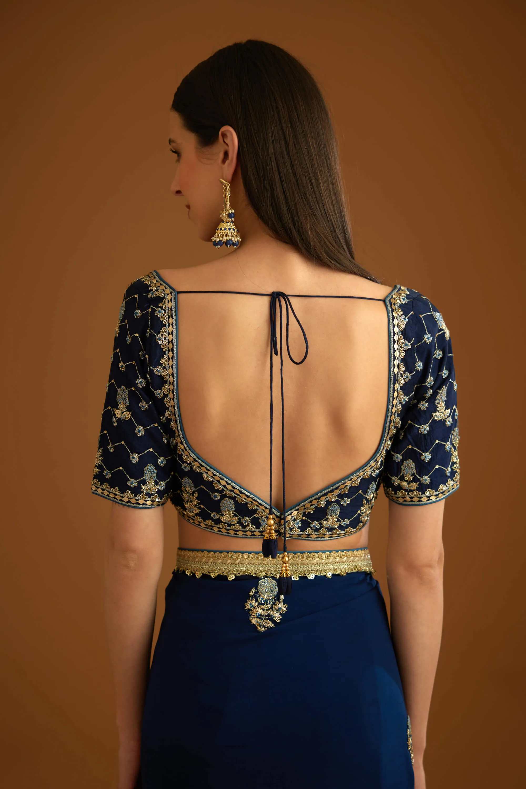 Midnight blue chiffon sari and blouse