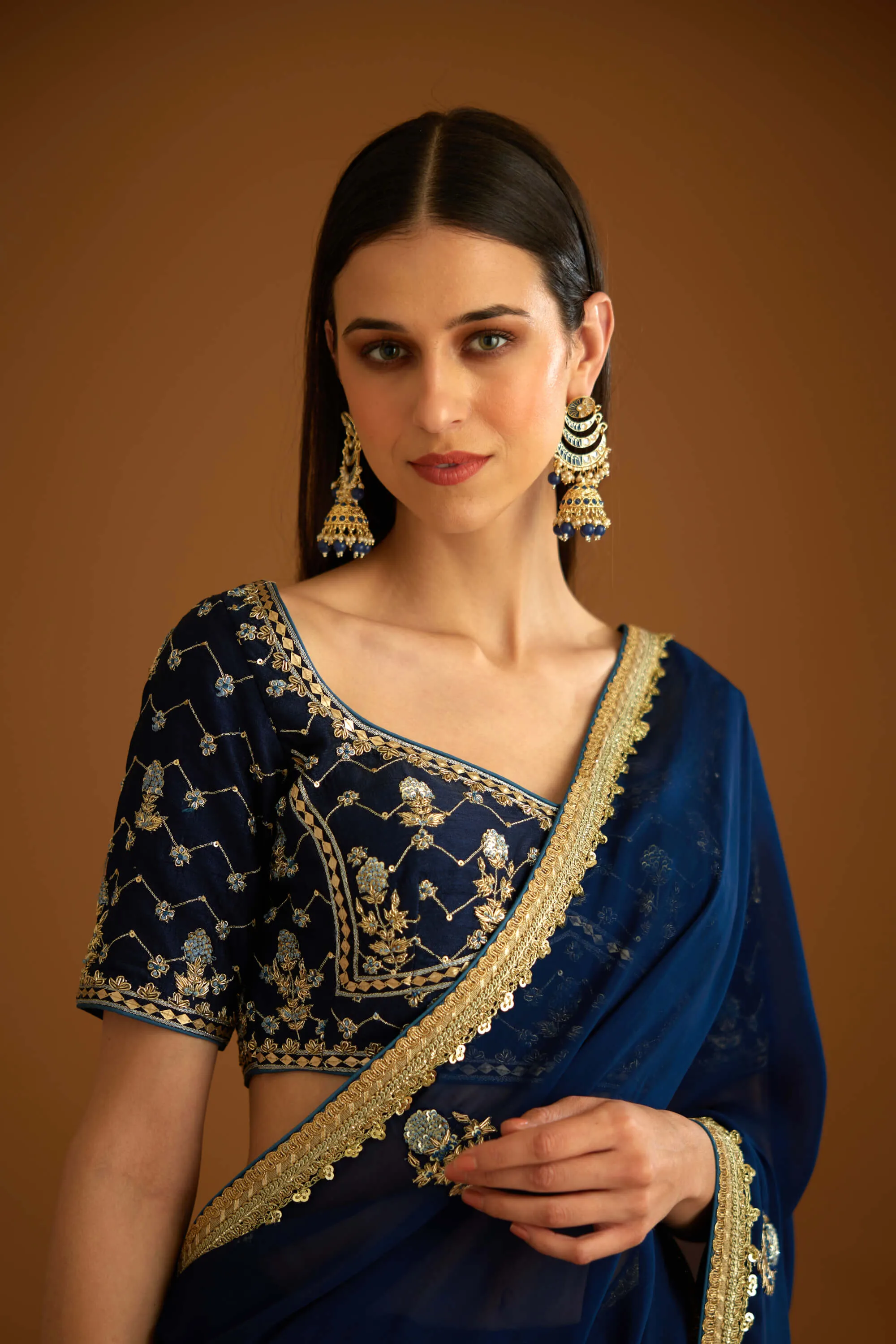 Midnight blue chiffon sari and blouse