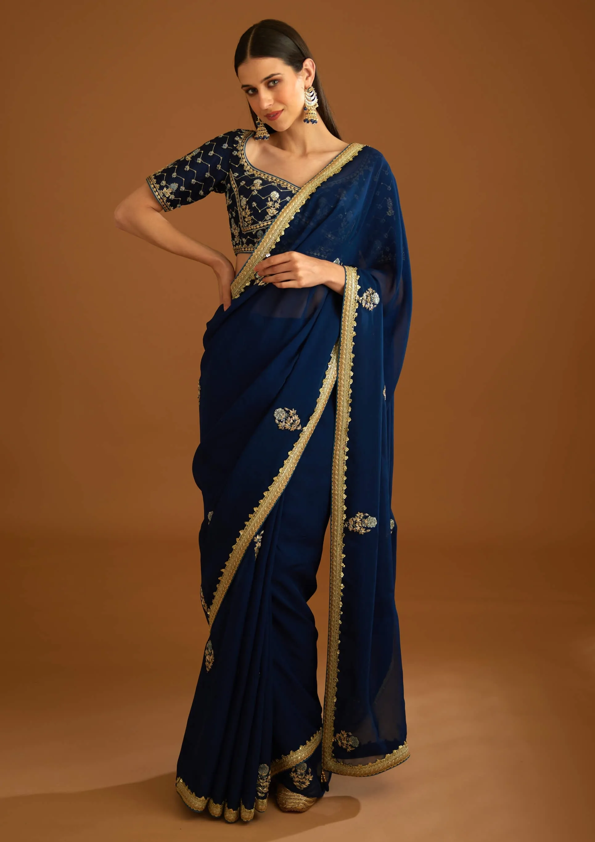 Midnight blue chiffon sari and blouse