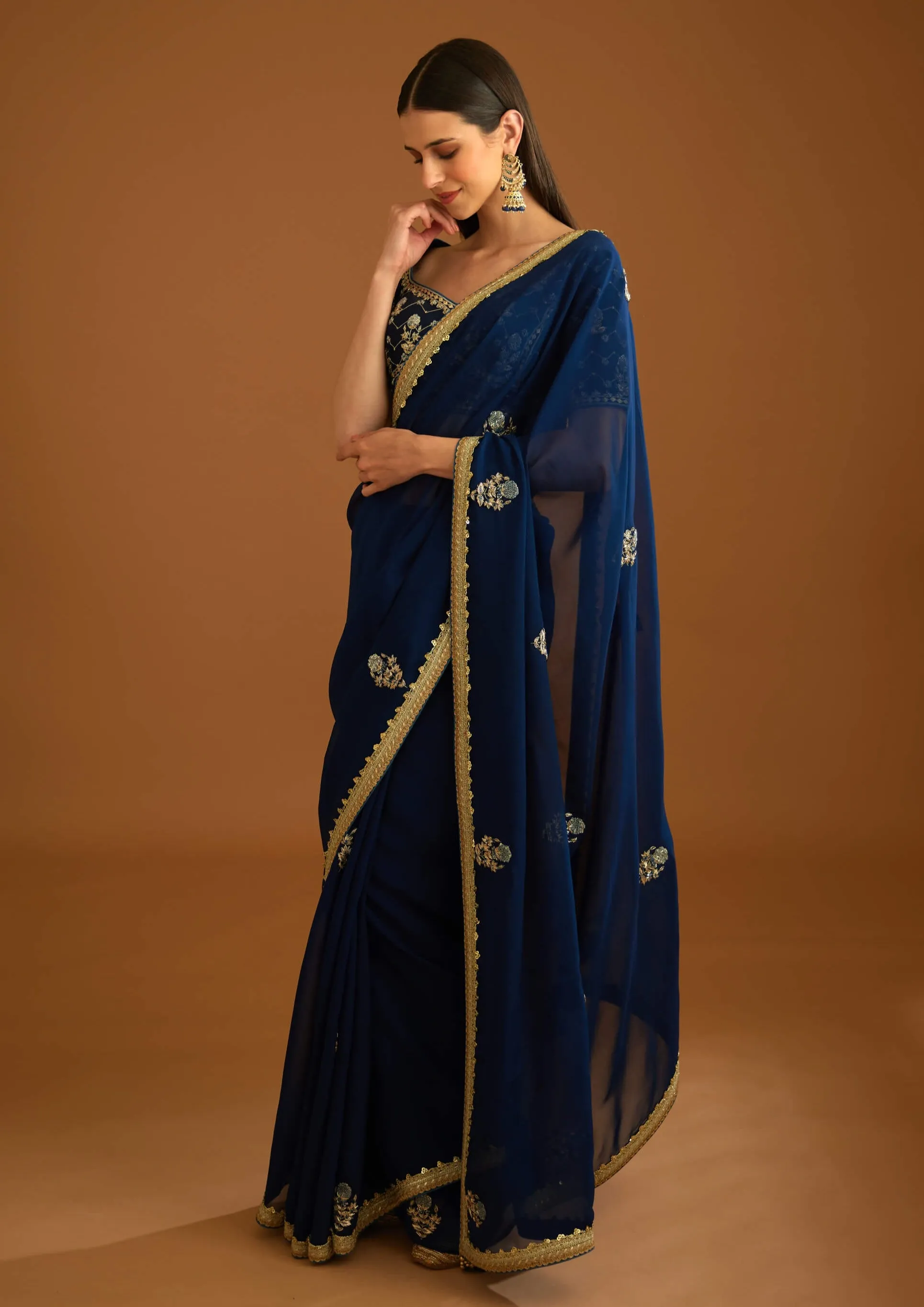 Midnight blue chiffon sari and blouse
