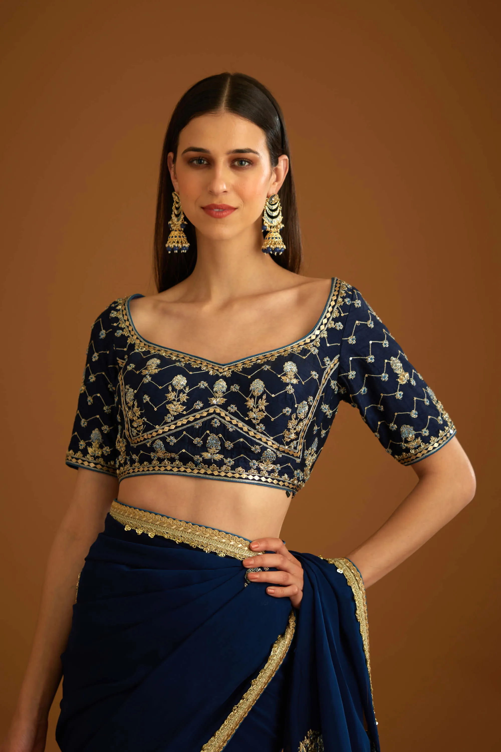 Midnight blue chiffon sari and blouse