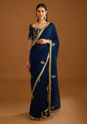 Midnight blue chiffon sari and blouse