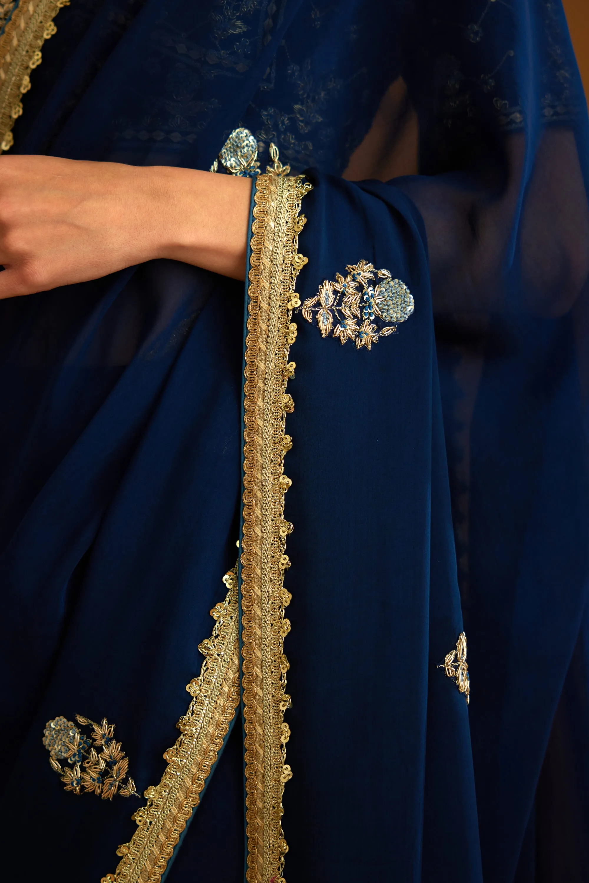 Midnight blue chiffon sari and blouse