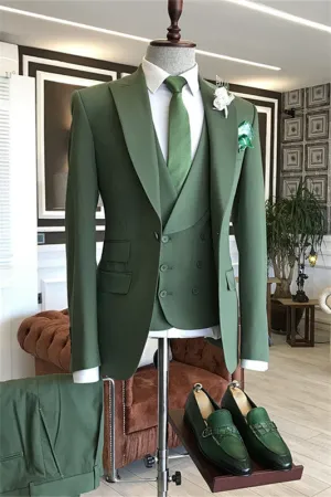 Modern Dark Sage Peaked Lapel 3 Piece Prom Suit