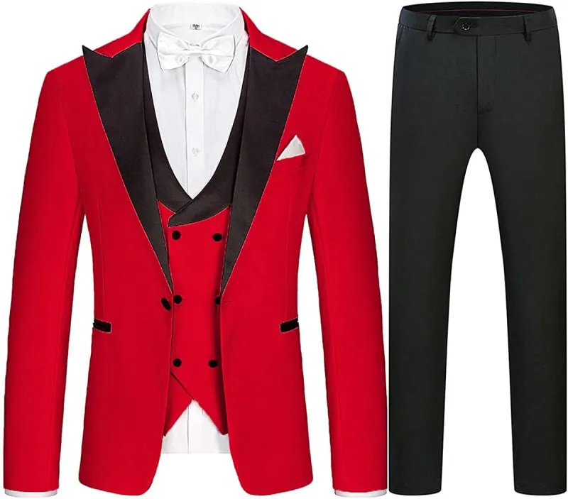 Modern Red Peaked Lapel Three Pieces Prom Suits One Button Jacket Vest Pants