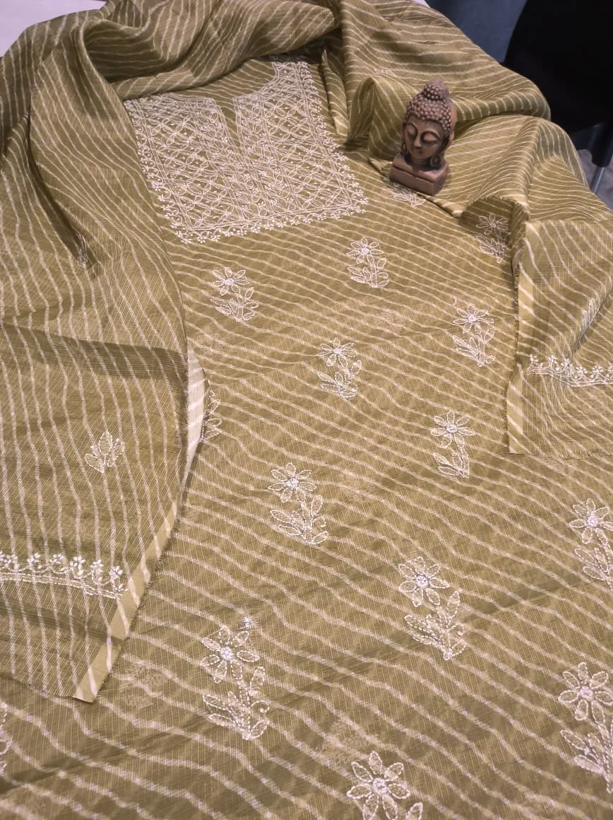 Moss Green Kota Silk Chinkari Suit fabric