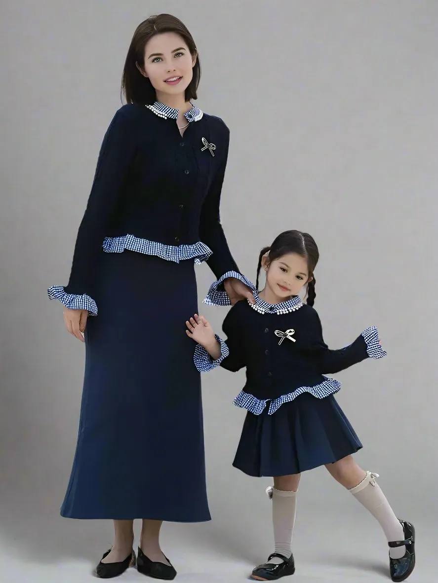 Mother-Daughter Matching Navy Knit Cardigan Set  Gingham Ruffle Trim & Bow Accent