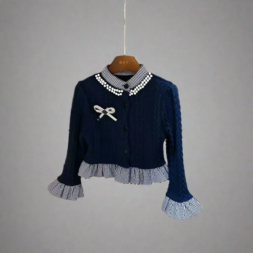 Mother-Daughter Matching Navy Knit Cardigan Set  Gingham Ruffle Trim & Bow Accent
