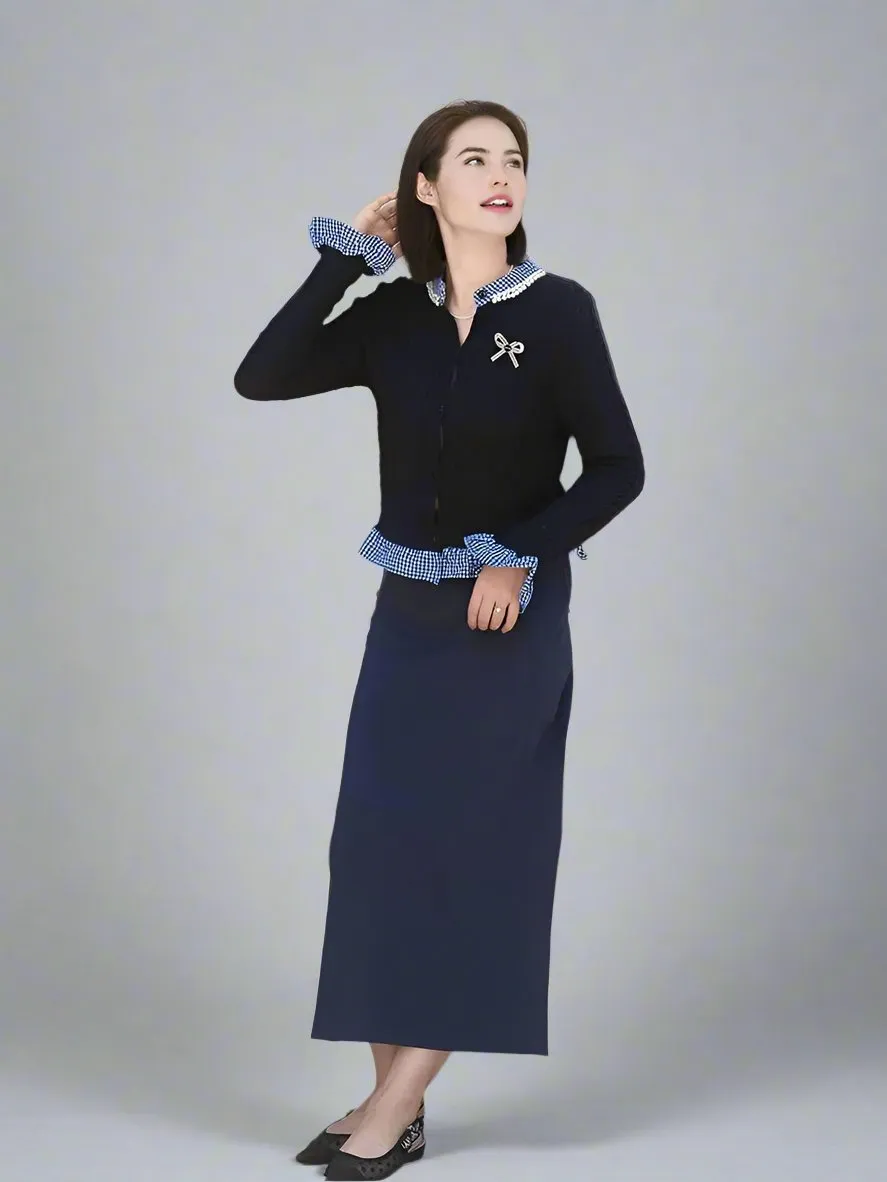 Mother-Daughter Matching Navy Knit Cardigan Set  Gingham Ruffle Trim & Bow Accent