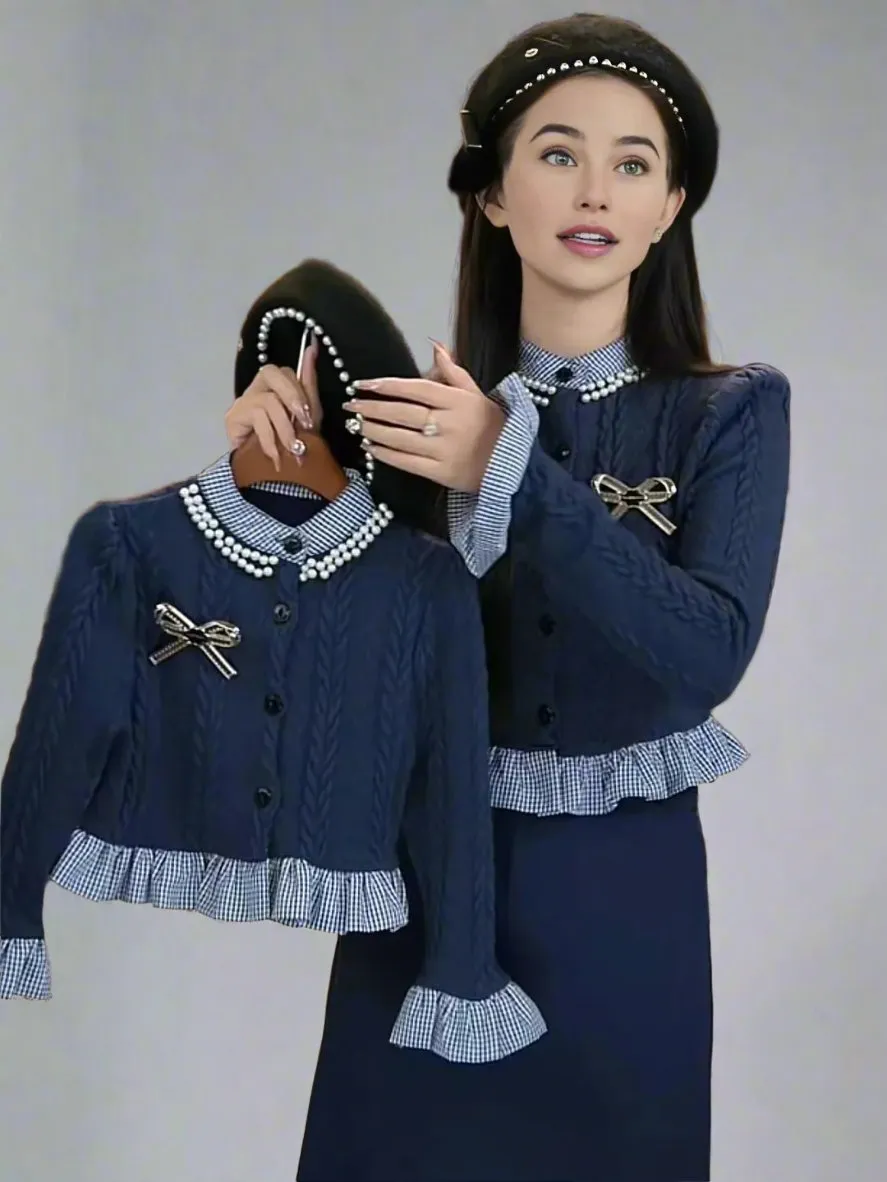 Mother-Daughter Matching Navy Knit Cardigan Set  Gingham Ruffle Trim & Bow Accent