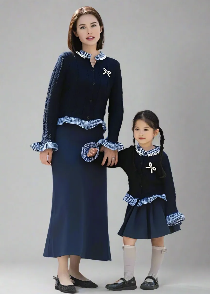 Mother-Daughter Matching Navy Knit Cardigan Set  Gingham Ruffle Trim & Bow Accent