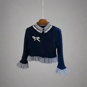 Mother-Daughter Matching Navy Knit Cardigan Set  Gingham Ruffle Trim & Bow Accent